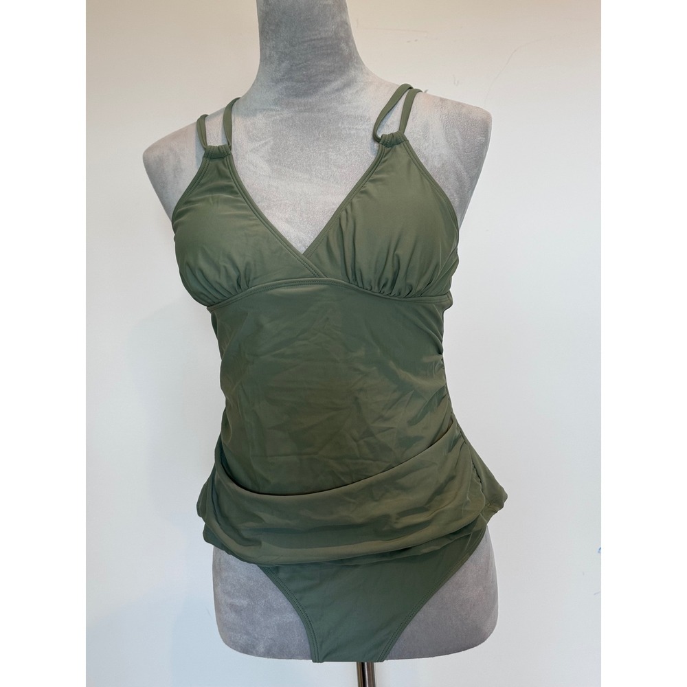 Cupshe Womens Olive Green Tiered Tankini Set V-Neck Crisscross Straps Size M